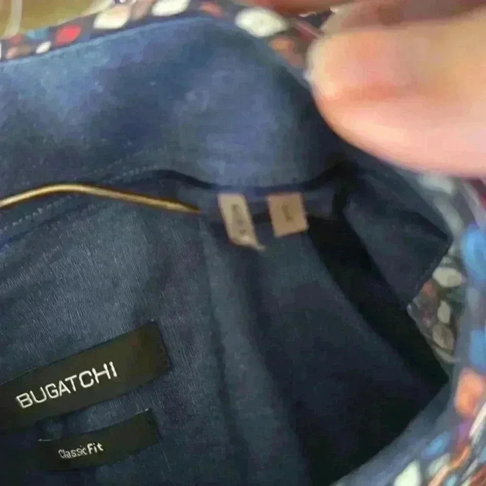 Bugatchi Navy Leaf Print Button Down Classic Fit … - image 8